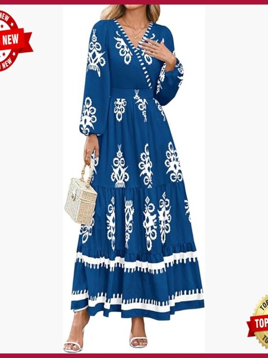 Dresses & Skirts - Long Sleeve V-Neck Maxi Dress, Boho Floral, Flowy A-Line, Wedding Guest